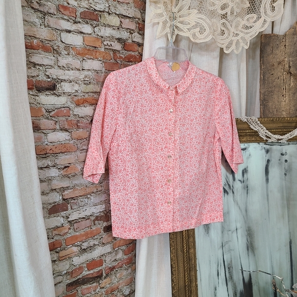 Vintage 1960s 1970s Pink Floral Button Up Blouse Short Sleeve Summer Shirt - Picture 2 of 9